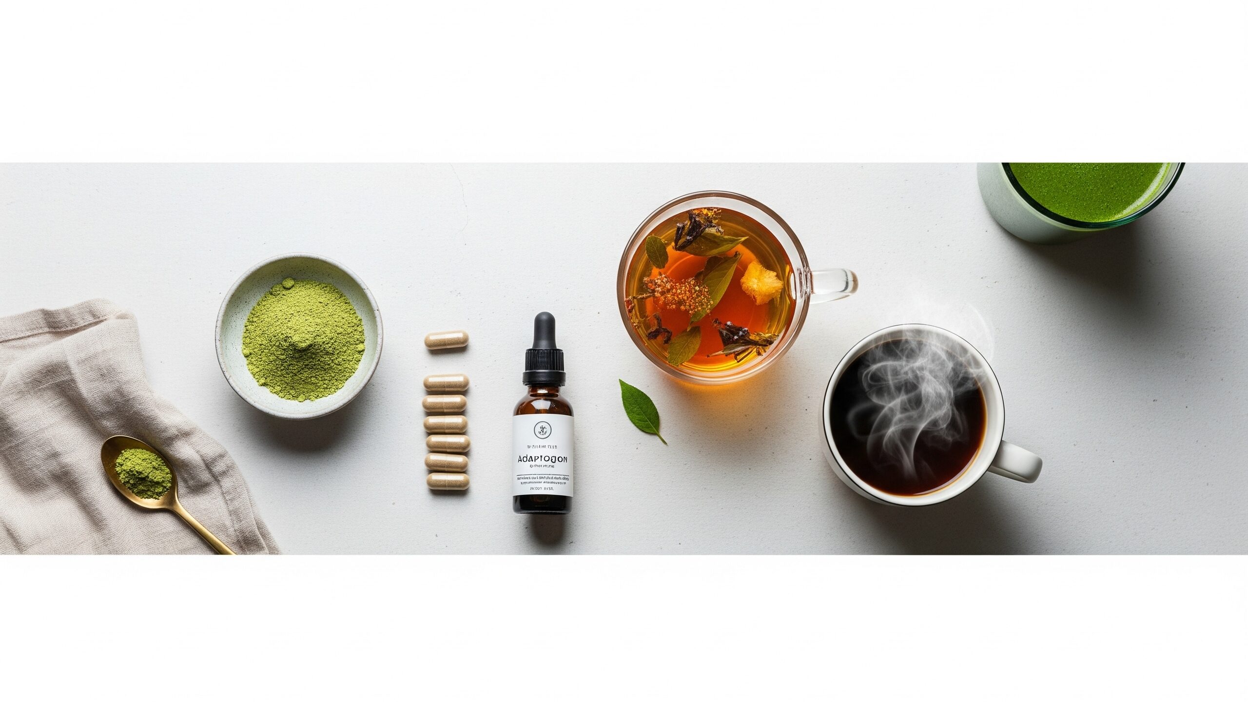 Flat lay of various adaptogen consumption methods: powder, capsules, tincture, and herbal tea.