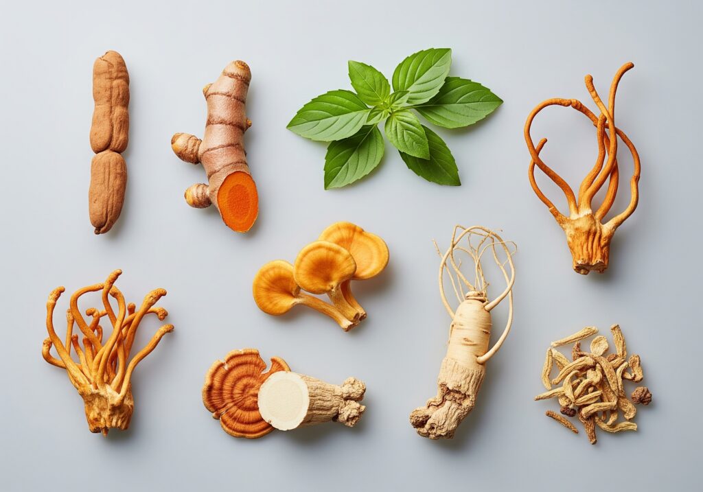 A flat lay of individual adaptogenic ingredients: dried ashwagandha, fresh turmeric, holy basil, cordyceps, ginseng, and dried rhodiola.