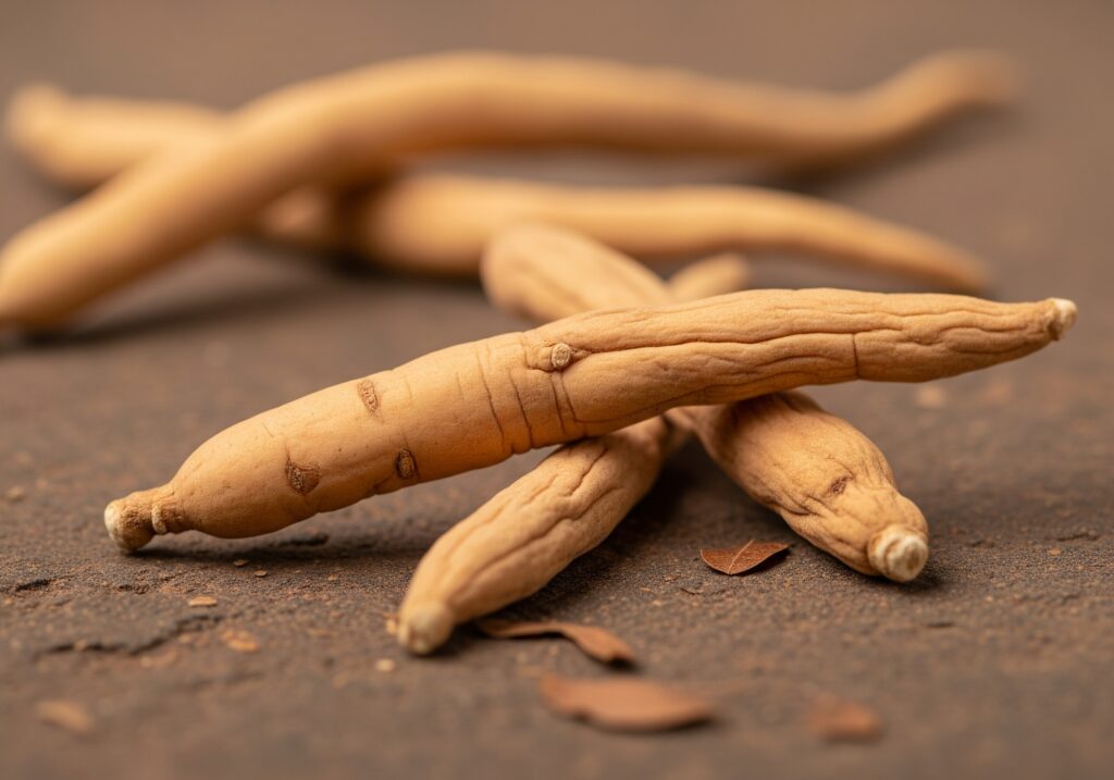 Close-up of dried ashwagandha roots, showing their earthy texture and natural forms.