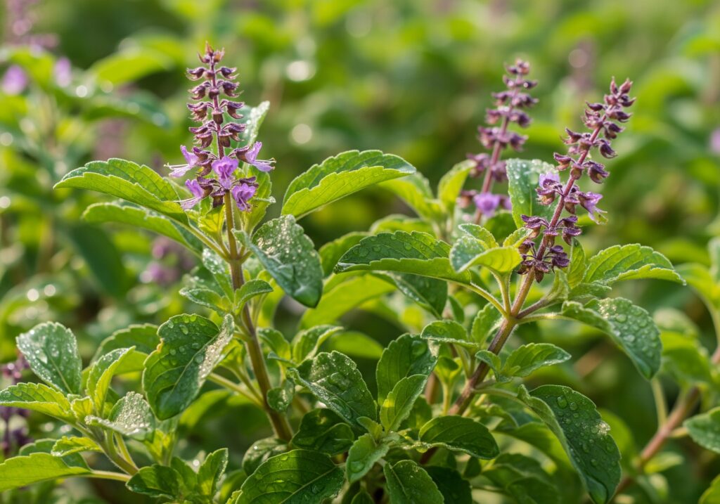 Vibrant, fresh holy basil (tulsi) plant with purple flowers and water droplets, in natural sunlight.