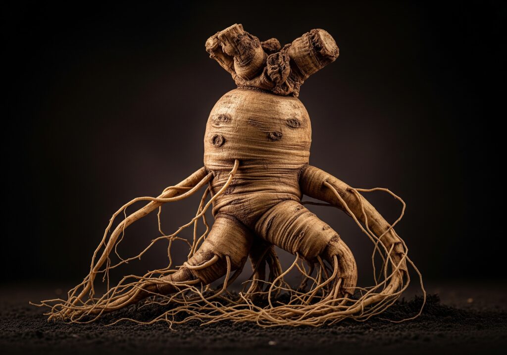 Macro shot of a gnarled Asian ginseng root with a human-like shape, against a dark background.