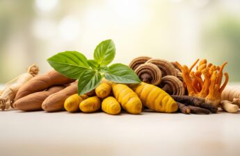 A harmonious composition of ashwagandha, turmeric, holy basil, cordyceps, and ginseng roots, evoking peace and natural wellness.