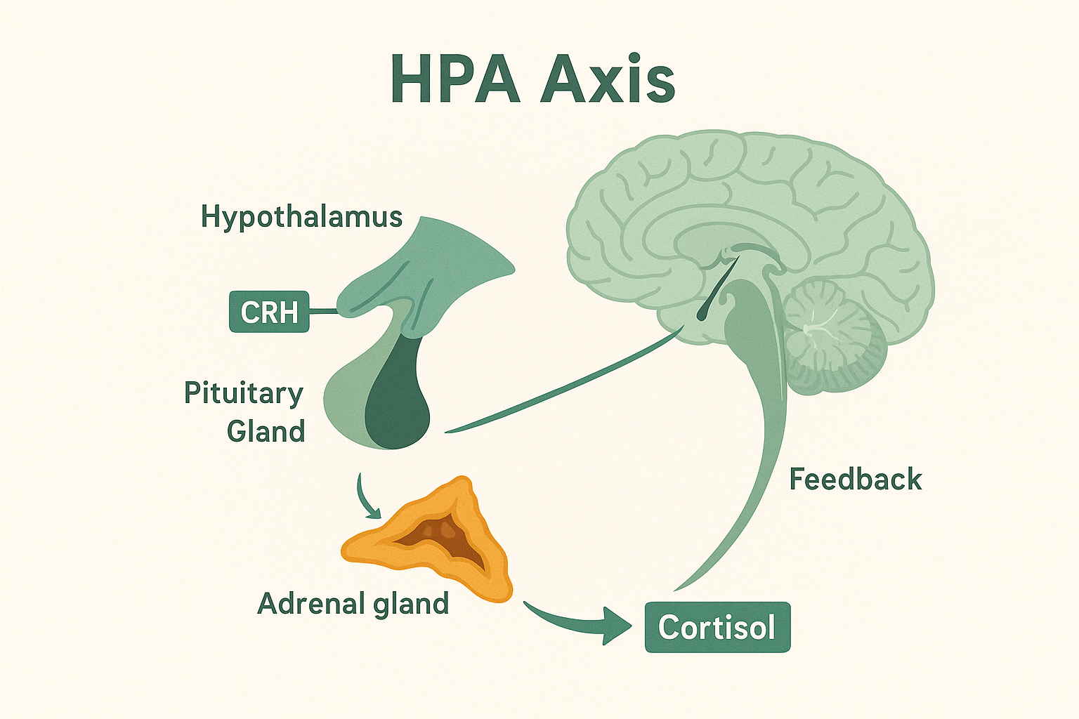 Diagram illustrating the HPA axis connecting the brain and adrenal glands, showing stress hormones and balancing forces.