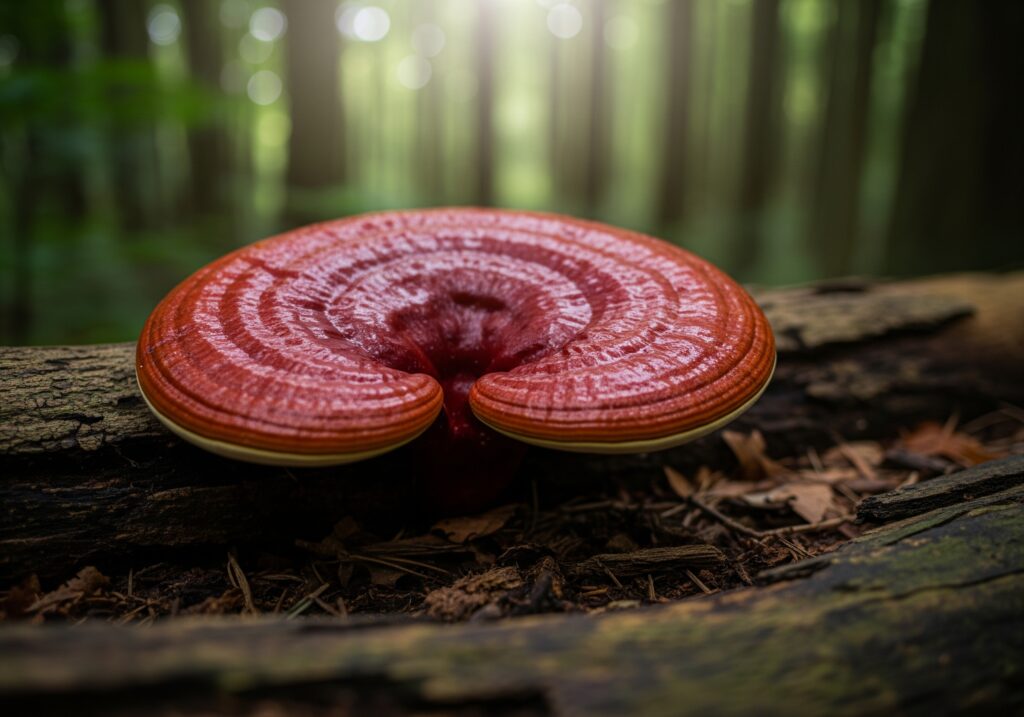 A glossy red reishi mushroom growing on a log in a dappled forest, with natural light.