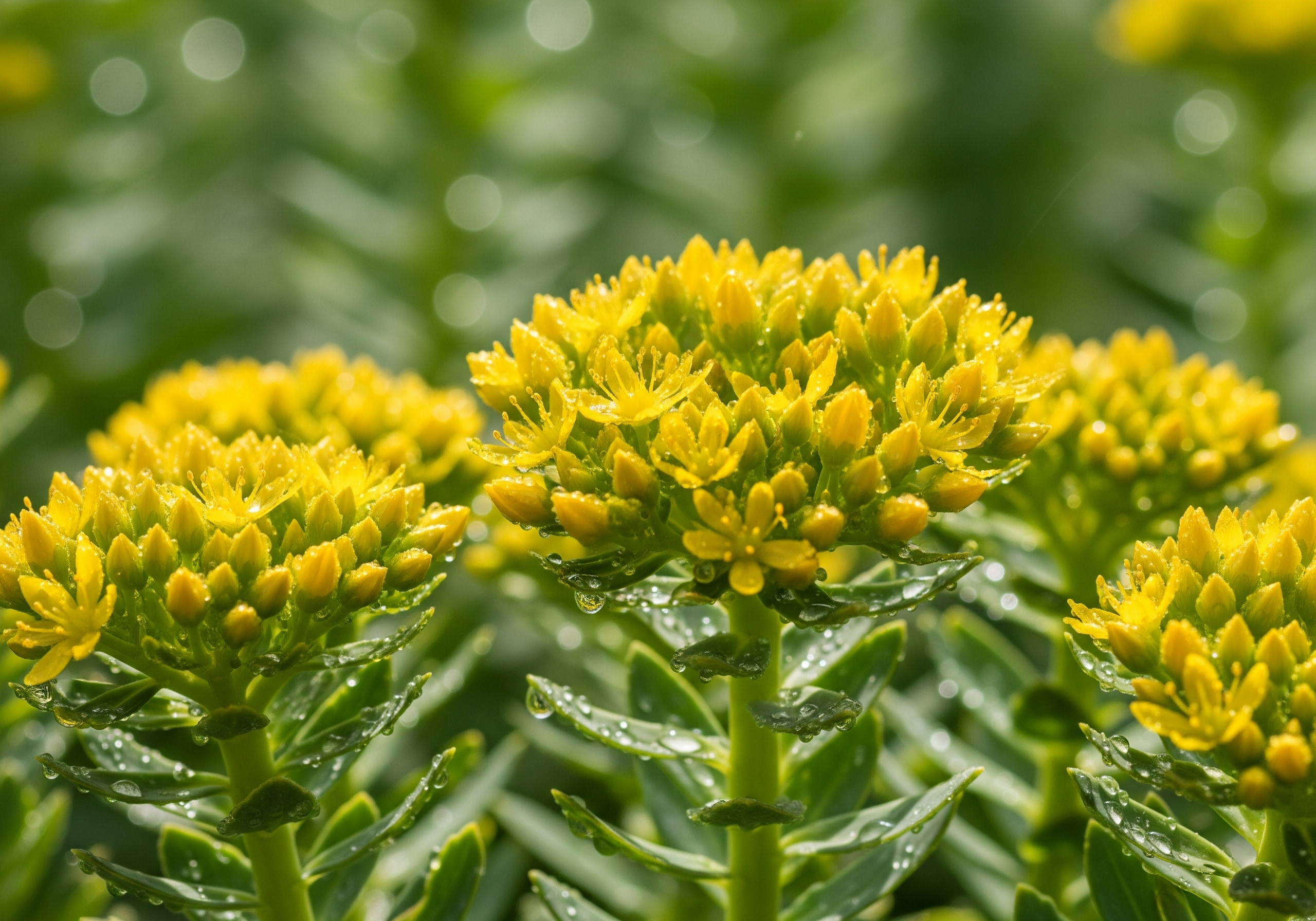 Vibrant, fresh Rhodiola rosea plant with yellow flowers, misted with water droplets, in natural sunlight.